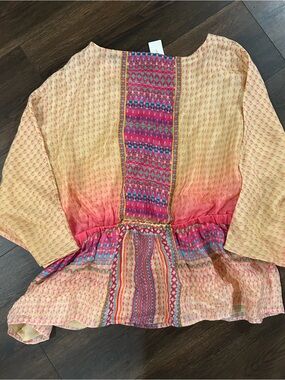 Tanvi Kedia Pink Geometric Print Blouse with Yellow Trim